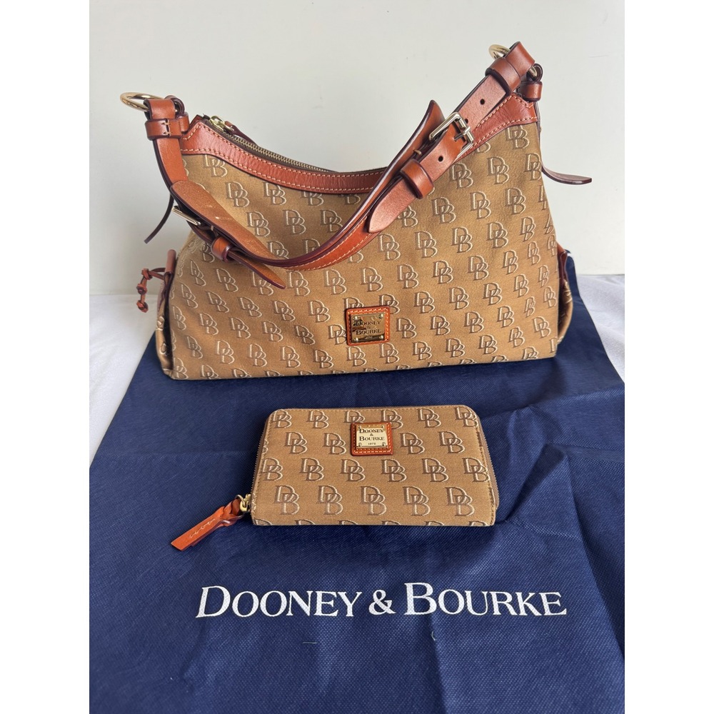 Dooney & Bourke Monogram Hobo Bag Matching Wallet Vintage Tan Brown Canvas DB